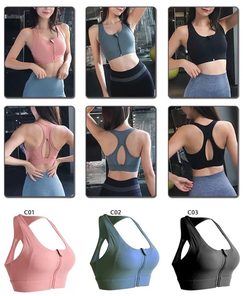 Factory Wholesale Hot Sexy Zip Front Activewear Sports Bra for Women, Custom Logo Sexy Hollow Back Wireless Bra with Removable Cups Zipper Yoga Top Bras