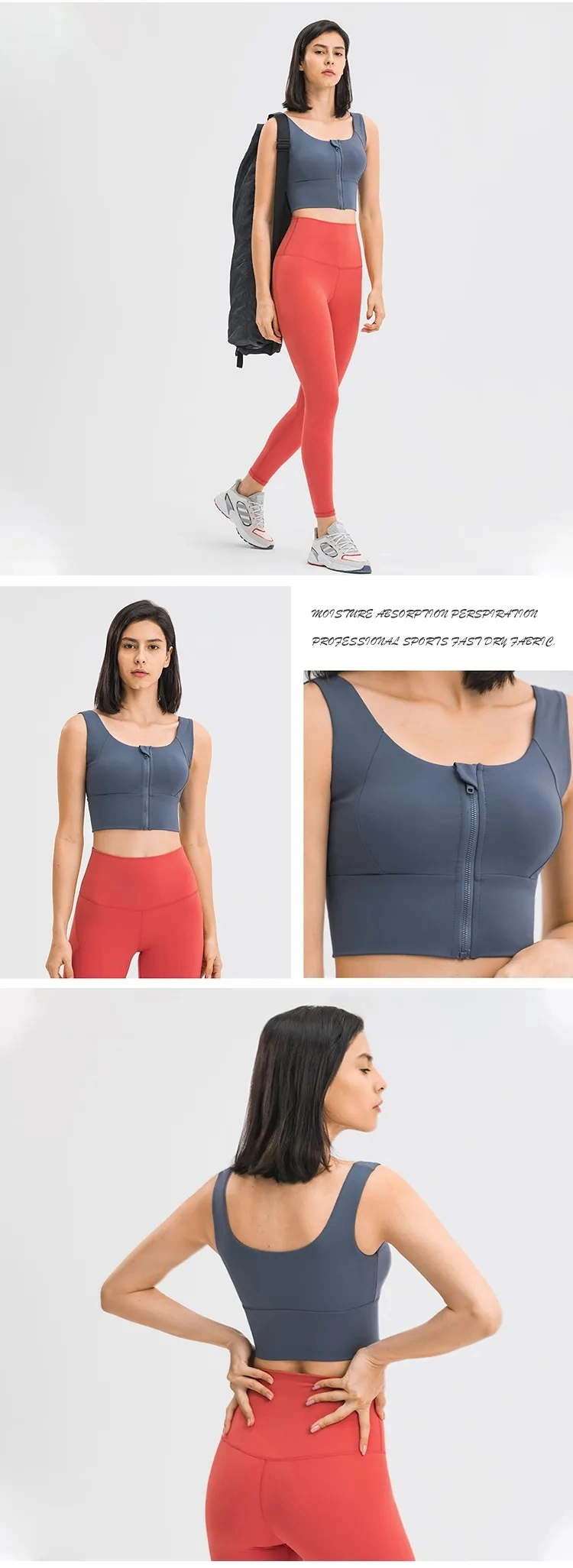 Women Deep U Neck Sleeveless Padded Wirefree Padded Front Zipper Crop Tank Top Yoga Fitness Active Wear Sports Bra