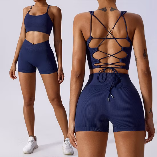 Vente en gros OEM / ODM Femmes 2 Pièces Leggings + Soutien-Gorge Vêtements Vêtements Rib Yoga Set Gym Workout Fitness Active Sports Sets