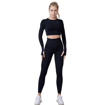 2 pièces/ensemble sans couture femmes Sport costume Gym vêtements d'entraînement à manches longues Fitness haut court et Scrunch bout à bout Leggings Yoga ensemble