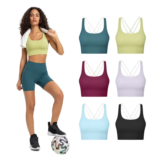 2023 nouvelles femmes rayé côtes profonde u-cou croix sangle sport Yoga soutien-gorge large ourlet haute résistance Active Fitness course soutien-gorge