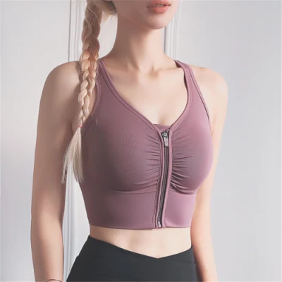 Soutien-gorge de sport pour femmes avec fermeture à glissière avant respirant sans fil rembourré Push up Yoga Gym Top Fitness Bra